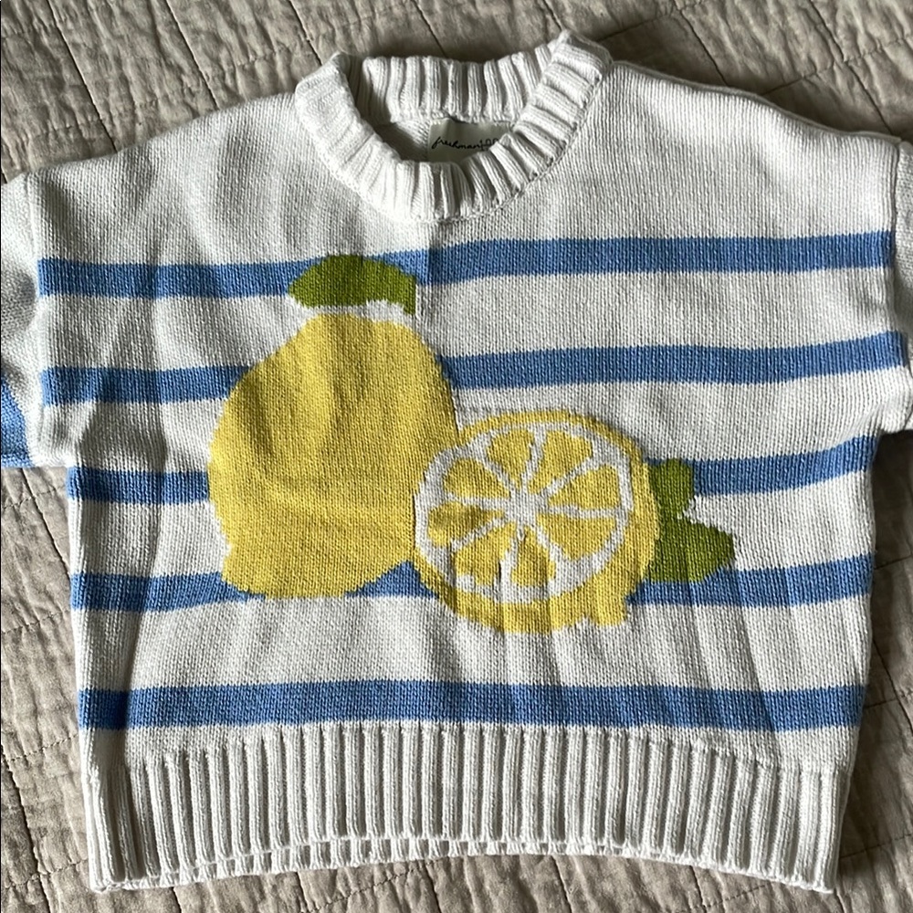 Striped Blue and White Sweater with Lemon Design - Picture 2 of 5